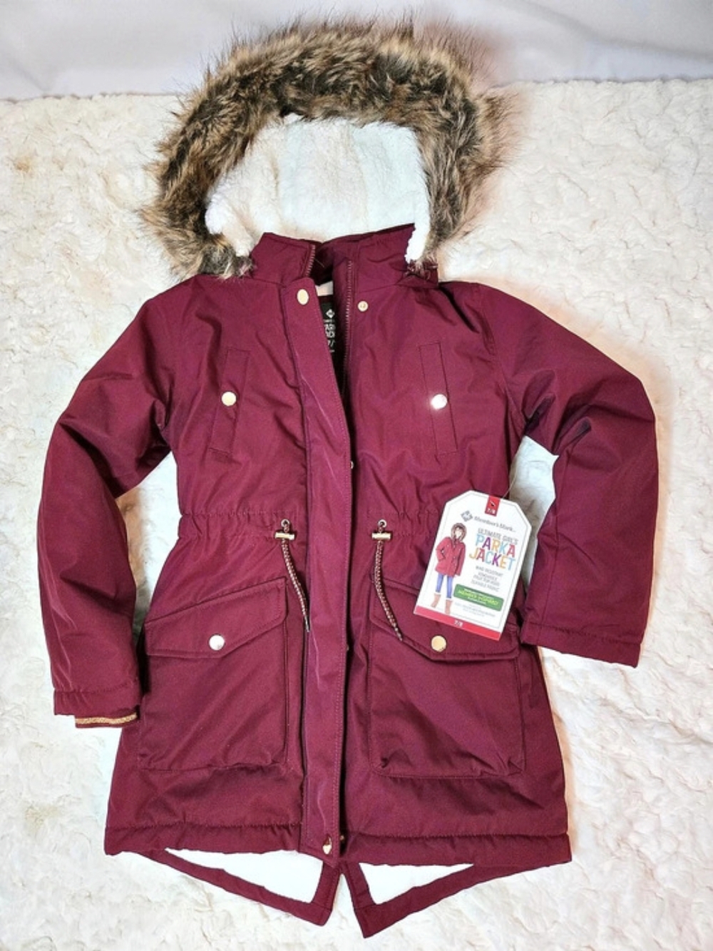 Member's Mark Girls Parka Jacket Burgundy Faux Fur Hood 7/8 NWT